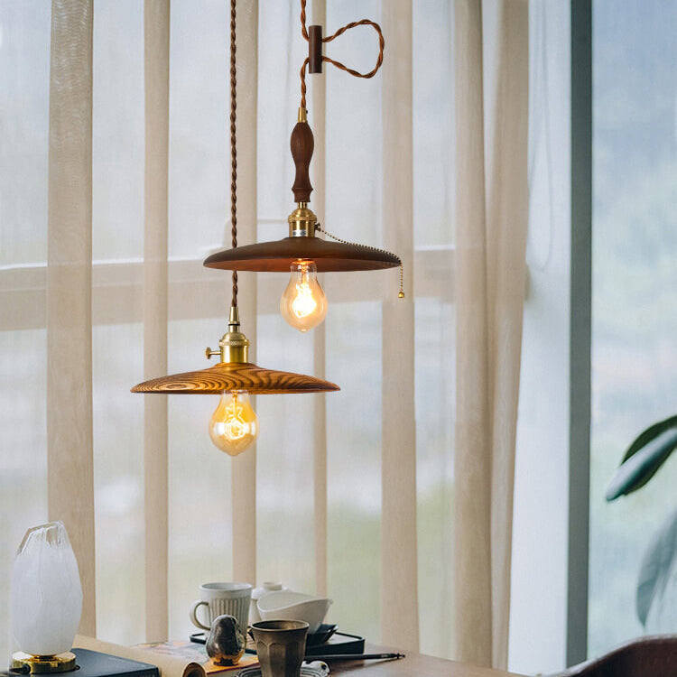 Contemporary Retro Ash Wood Copper Round Dish Irregular Grain 1-Light Pendant Light For Dining Room