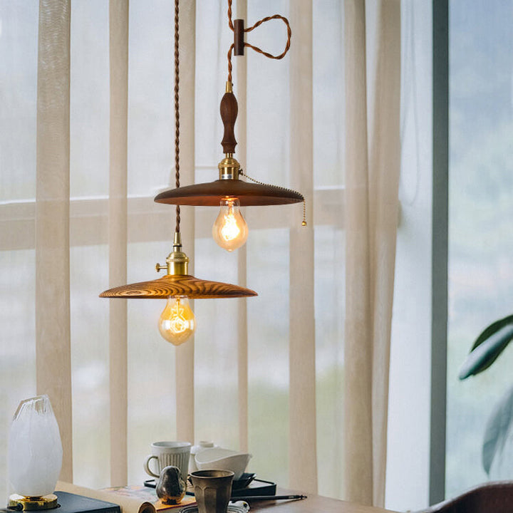 Contemporary Retro Ash Wood Copper Round Dish Irregular Grain 1-Light Pendant Light For Dining Room