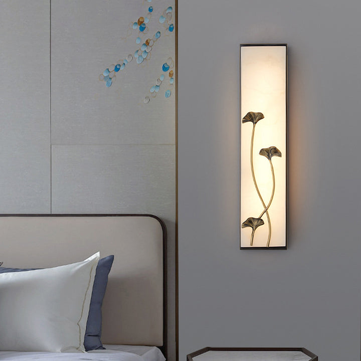 Traditional Chinese Copper Marble Cubic Bamboo Leaf Lotus Flower Ginkgo Biloba LED Wall Sconce Lamp For Bedside