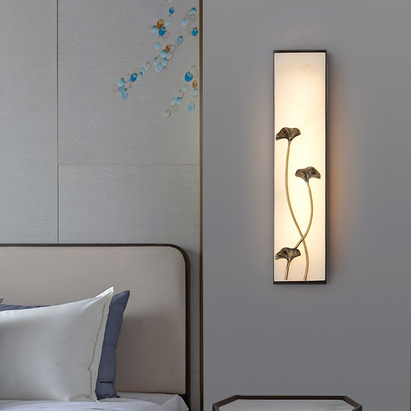 Applique murale LED traditionnelle en cuivre chinois marbre cubique feuille de bambou fleur de lotus ginkgo biloba pour chevet 