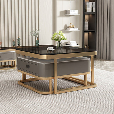 Table basse moderne minimaliste carrée en dalle de roche, verre et métal, avec 1 tiroir pour le salon 