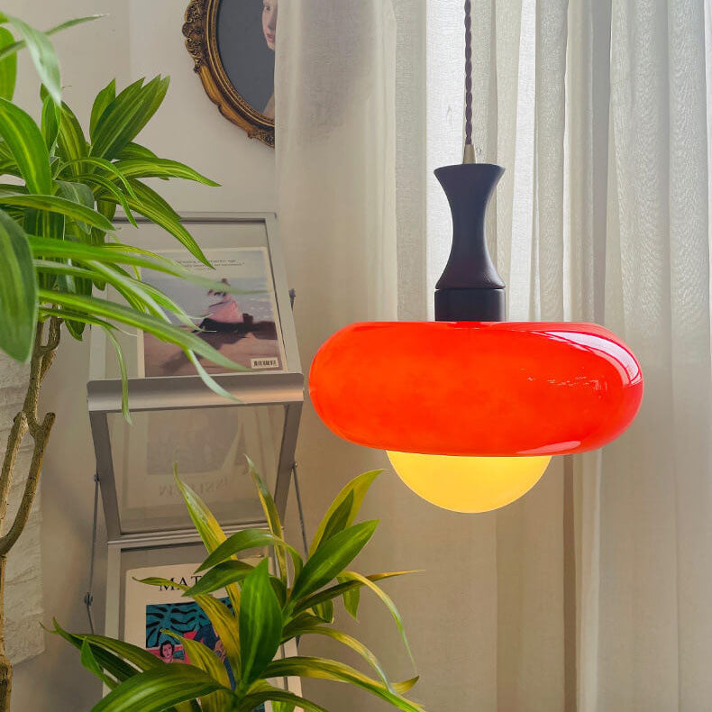 Nordic Vintage Karamell Kirsch Glas Runde Walnuss 1-Licht Pendelleuchte 