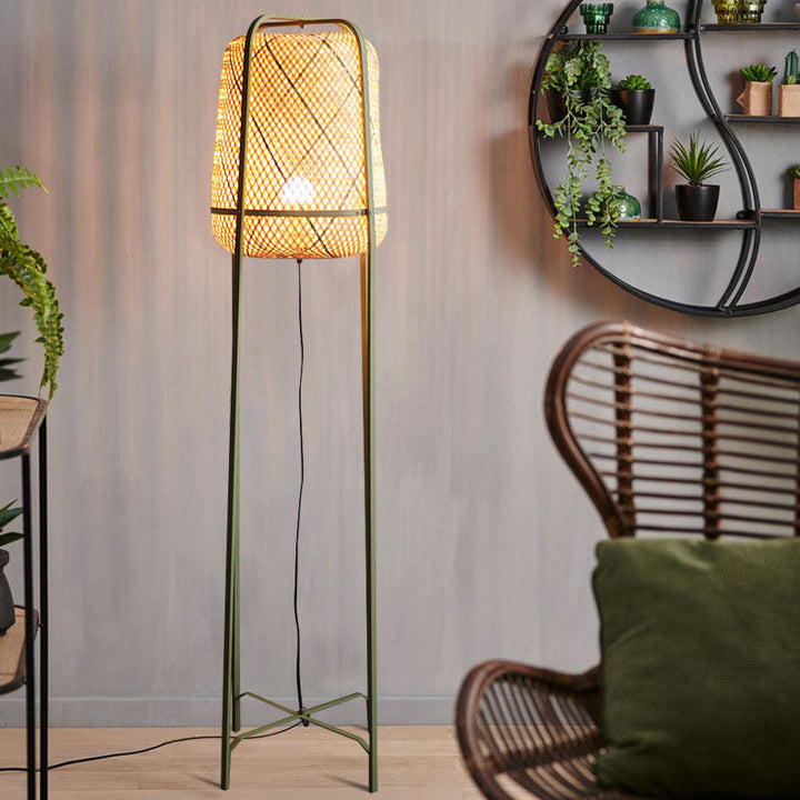 Lampe de sol traditionnelle japonaise cylindrique en bambou tissé à la main 1 lumière pour chambre 