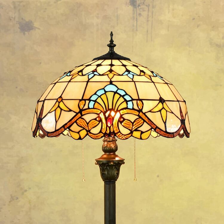 Traditional Tiffany Baroque Stained Resin Iron Glass Dome 2-Light Standing Floor Lamp For Living Room