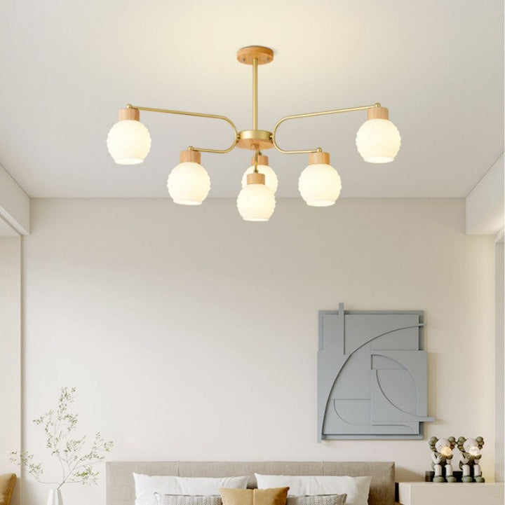 Moderne minimalistische gebogene Stange weiße Glockenblume Hardware Holz Glas 6/10 Licht Kronleuchter für Wohnzimmer 