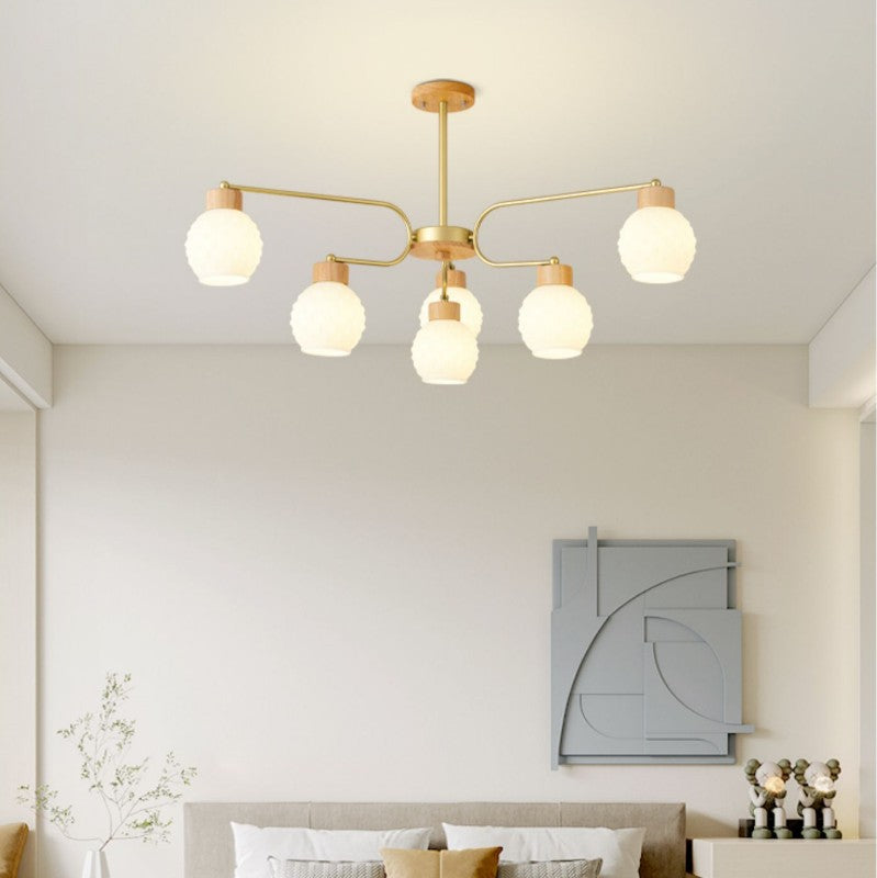Moderne minimalistische gebogene Stange weiße Glockenblume Hardware Holz Glas 6/10 Licht Kronleuchter für Wohnzimmer 
