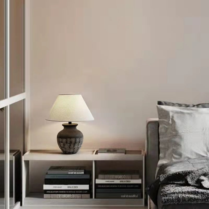 Traditional Japanese Cone Fabric Round Ceramic Jar Base 1-Light Table Lamp For Bedroom