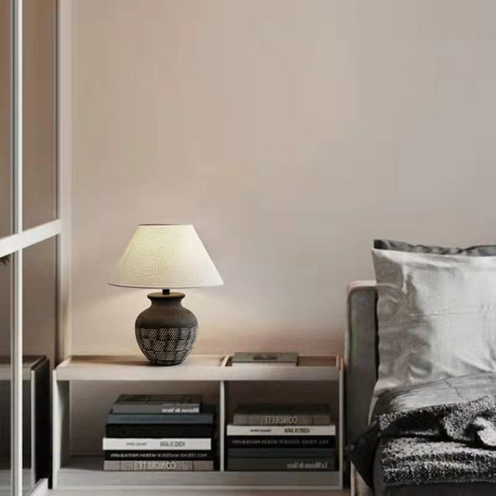 Traditional Japanese Cone Fabric Round Ceramic Jar Base 1-Light Table Lamp For Bedroom
