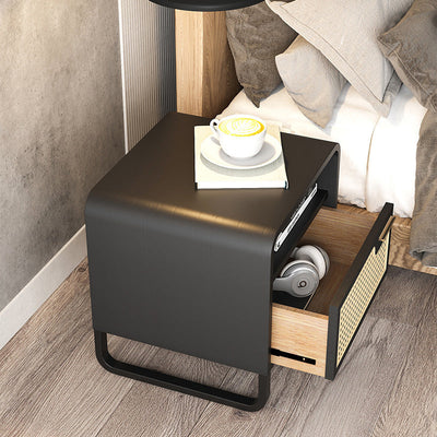 Table de chevet moderne minimaliste rectangulaire en bois massif avec rotin 1 tiroir pour chambre 