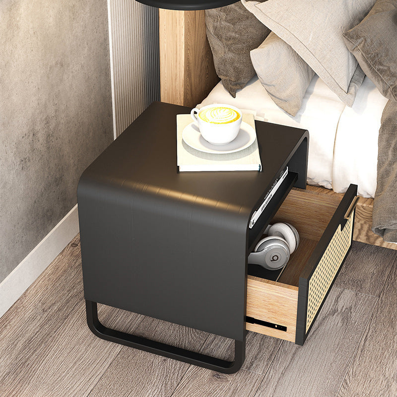 Table de chevet moderne minimaliste rectangulaire en bois massif avec rotin 1 tiroir pour chambre 