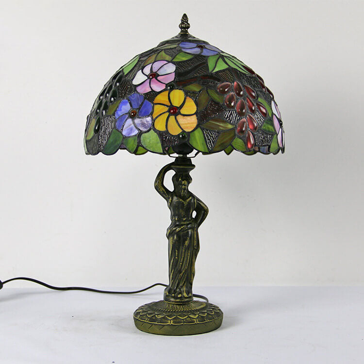 Retro Tiffany Grape Glass Metal Resin Dome 1-Light Table Lamp