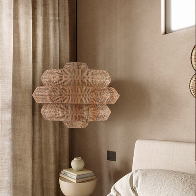 Zeitgenössischer Boho-Kronleuchter mit mehrschichtigem, rundem Rattan-Gewebe und 1 Licht für das Wohnzimmer 