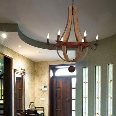 Chandelier Traditionnel Rustique Rond en Bois et Fer avec Bougeoir pour 5/6/8 Lumières pour Salon 