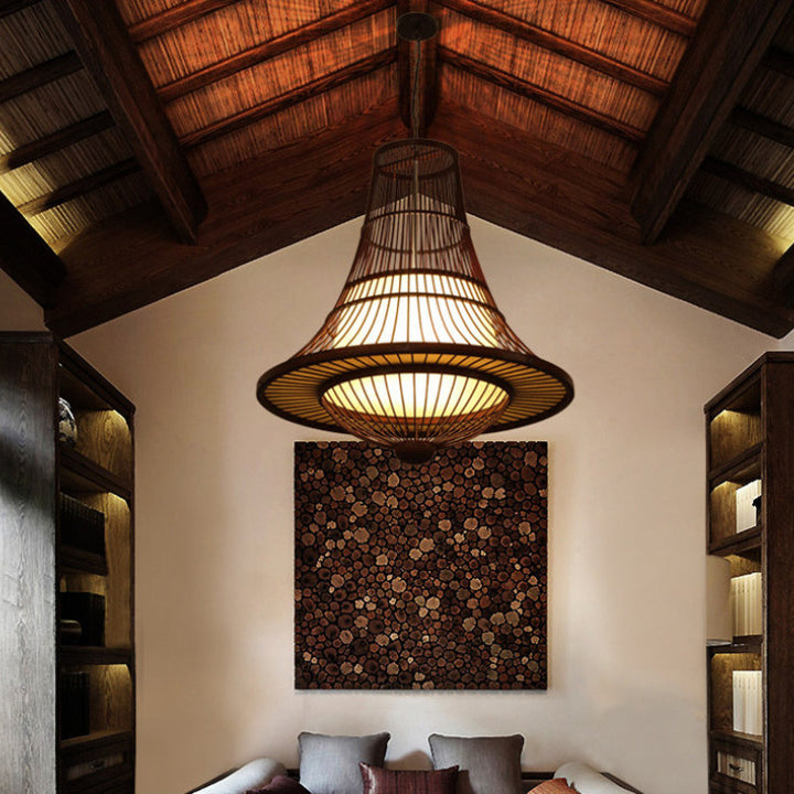 Suspension Luminaire en Bambou Tressé Japonais Traditionnel à 1 Lumière pour Salon 