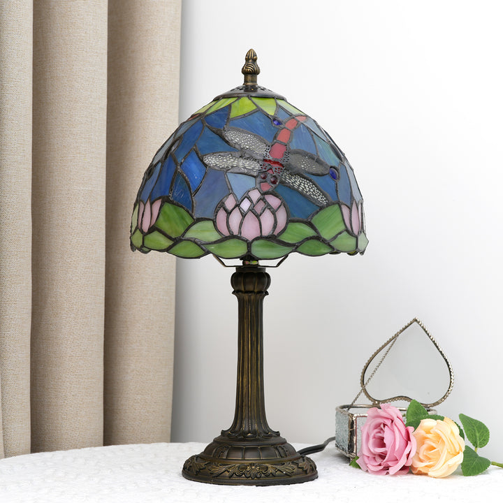 Lampe de table à 1 lumière en résine de verre Tiffany traditionnelle avec dôme et libellule lotus pour étude 