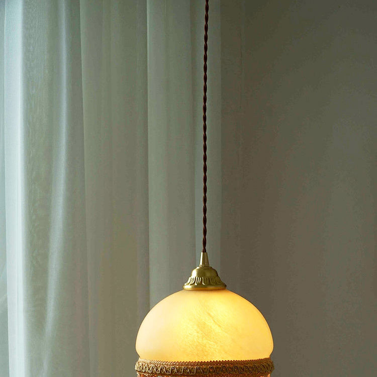 Traditionelle französische runde Quaste Glas Kupfer Stoff 1-Licht Pendelleuchte für Wohnzimmer 