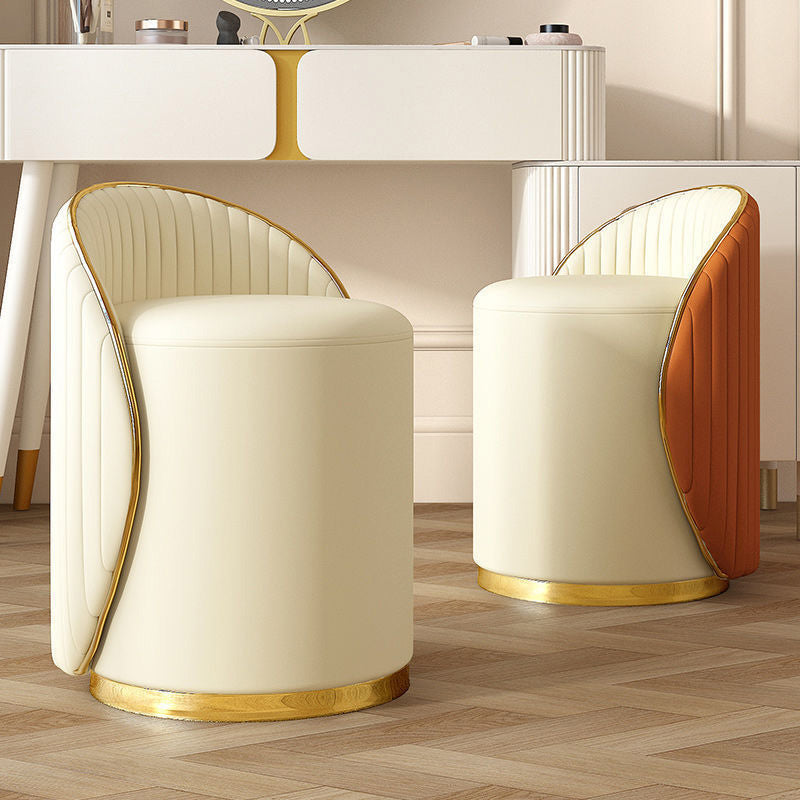 Taburete de tocador de hierro cilíndrico minimalista moderno con respaldo de cuero para dormitorio 