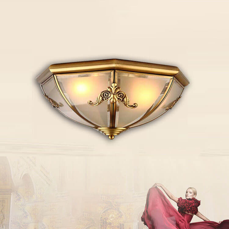European Luxury Full Copper Conical Glass Lampshade 2/3/6-Light Flush Mount Ceiling Light