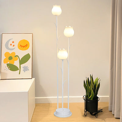 Contemporary Scandinavian Cylinder Flower Iron Glass 3-Light Standing Floor Lamp For Living Room