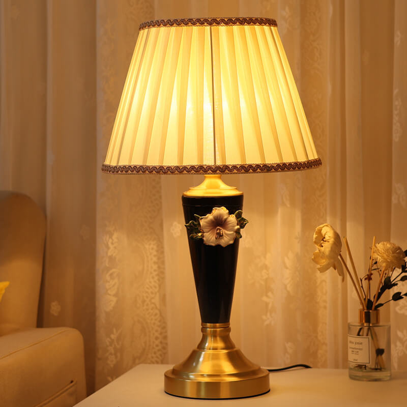 Vintage European Ceramic Floral Pleated Fabric 1-Light Table Lamp