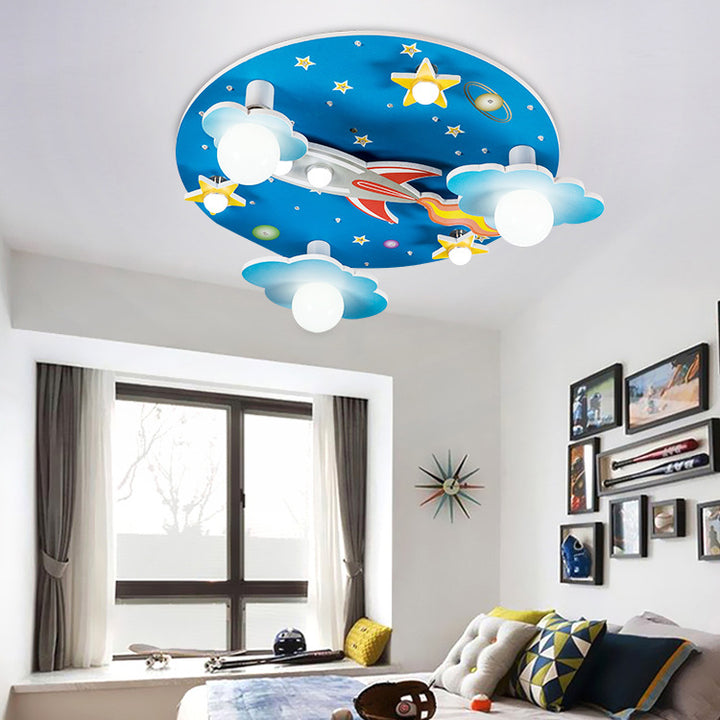 Moderna lámpara de techo LED de estilo Art Deco para niños con cohete redondo de madera y plástico y cielo estrellado para dormitorio 