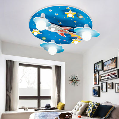 Modern Art Deco Kids Wood Plastic Round Rocket Starry Sky LED Flush Mount Ceiling Light For Bedroom