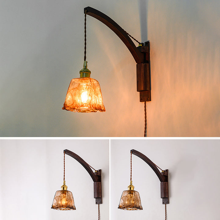 Traditional Japanese Walnut Glass Ceramic Conic Prism 1-Light Wall Sconce Lamp For Bedside