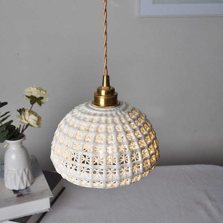 Contemporary Retro Ceramic Brass Copper-Plated Basket Shade 1-Light Pendant Light For Living Room &amp; Bedroom