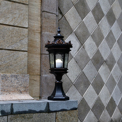 Luz de Poste de Cabeza de 1 Luz de Vidrio de Aluminio Cilíndrico Hexagonal Europeo Tradicional para Patio Exterior 