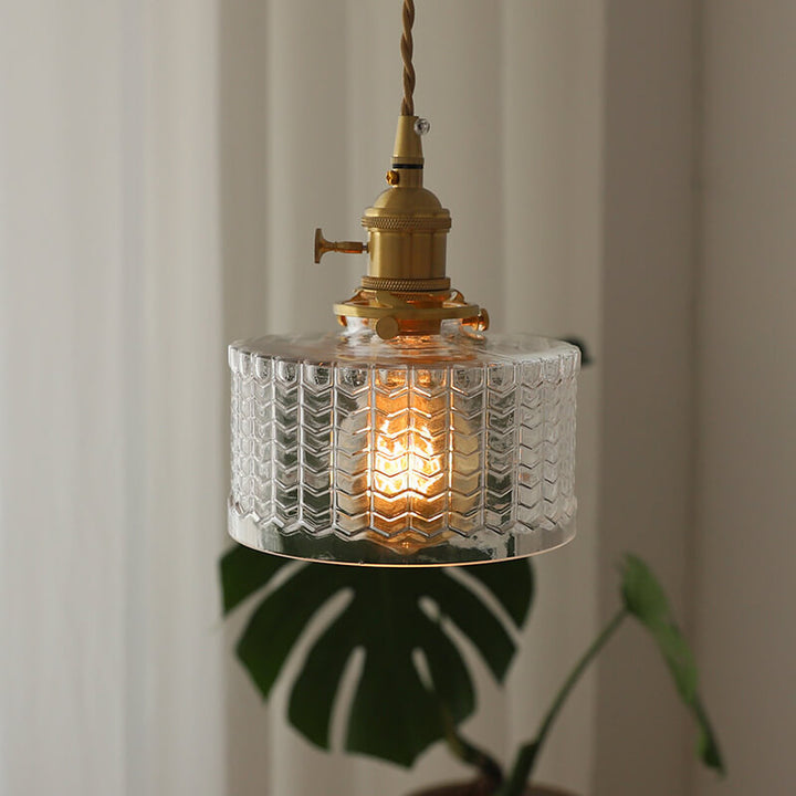 Moderne nordische Pendelleuchte aus Messing, Eisen und klarem Glas in runder Trommelform, kupferfarben, 1-flammig, für Wohnzimmer &amp; Schlafzimmer 
