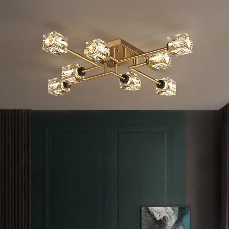 Luminaire de plafond semi-encastré contemporain de luxe branche rectangulaire en cuivre massif avec cristal 4/6/8 lumières pour salon 