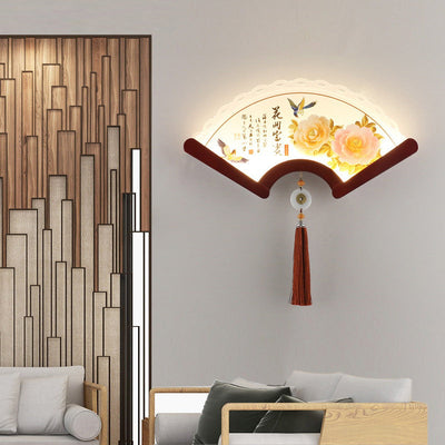Applique murale LED avec abat-jour en acrylique festonné traditionnel chinois, éléments de plante, bord en bois pour salon 