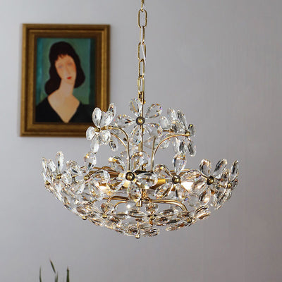 Traditional French Floral Full Brass Crystal 6-Light Pendant Light For Living Room