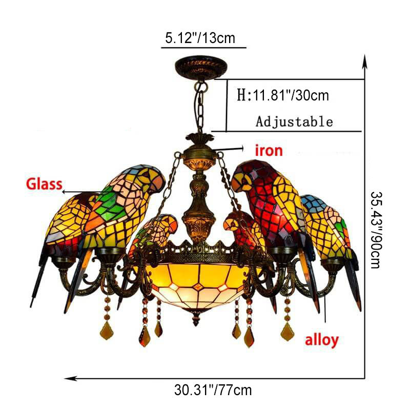 Tiffany Light Luxury Stained Glass Parrot 8-Light Chandelier