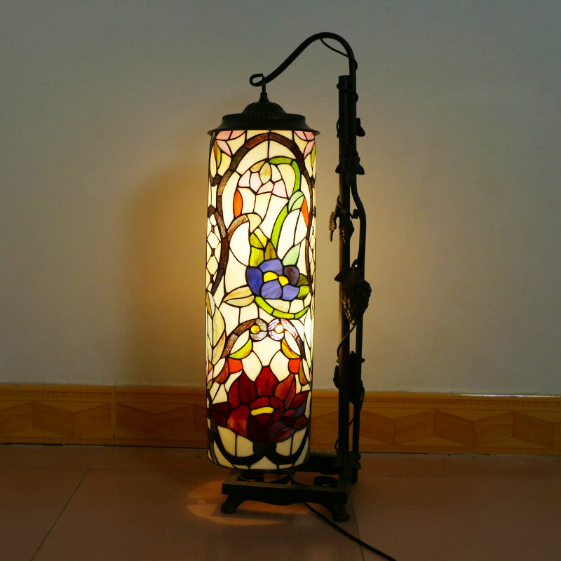 Lampe de sol traditionnelle Tiffany à colonne en fer avec verre à 2 lumières pour salon 