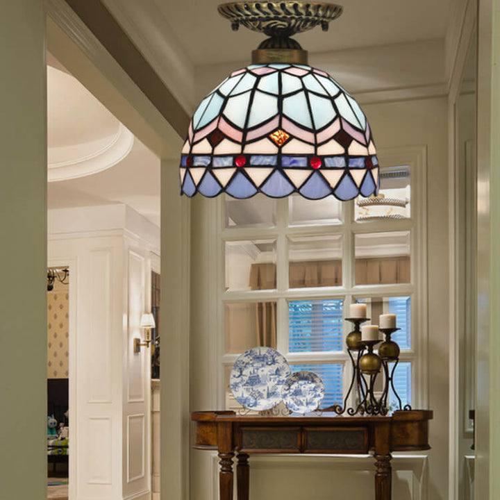 Tiffany Mediterrane Buntglas-Kuppel 1-Licht Semi-Flush-Montage Deckenleuchte 
