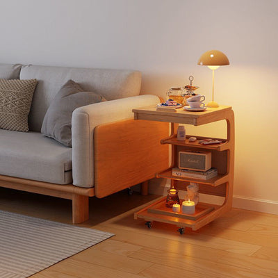 Table d'extrémité à couvercle rabattable en bois japonais traditionnel avec étagères de rangement à 4 niveaux pour salon 