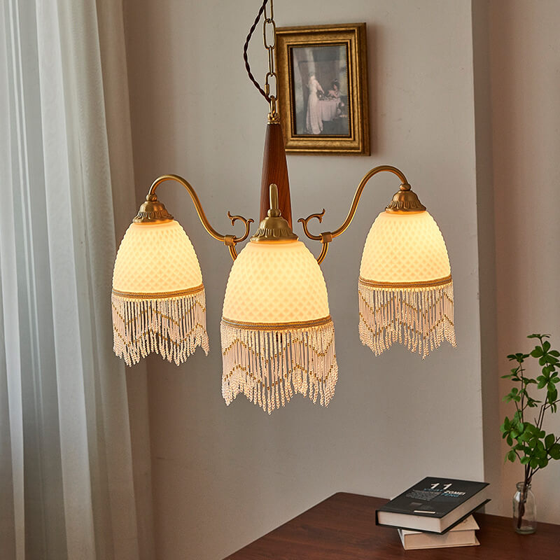 Traditional Vintage Grid Tassel Copper Wood Glass 3/5/8 Light Chandelier For Living Room