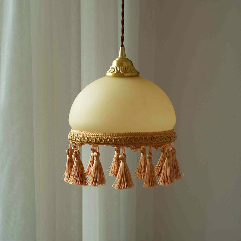 Traditionelle französische runde Quaste Glas Kupfer Stoff 1-Licht Pendelleuchte für Wohnzimmer 