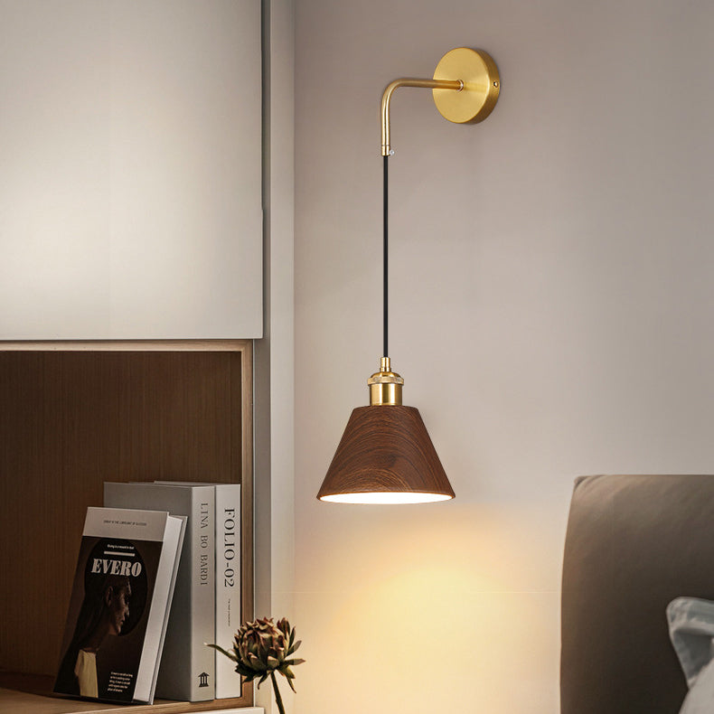 Lámpara de aplique de pared de 1 luz, cilindro de mesa redonda minimalista moderna, hierro, vetas de madera de nogal, para dormitorio 