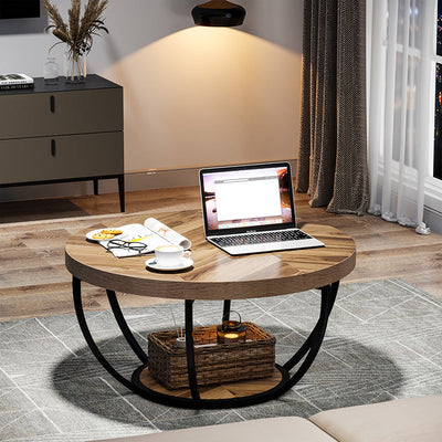 Mesa de café moderna de lujo redonda de tablero de densidad de acero con 1 estante para sala de estar 