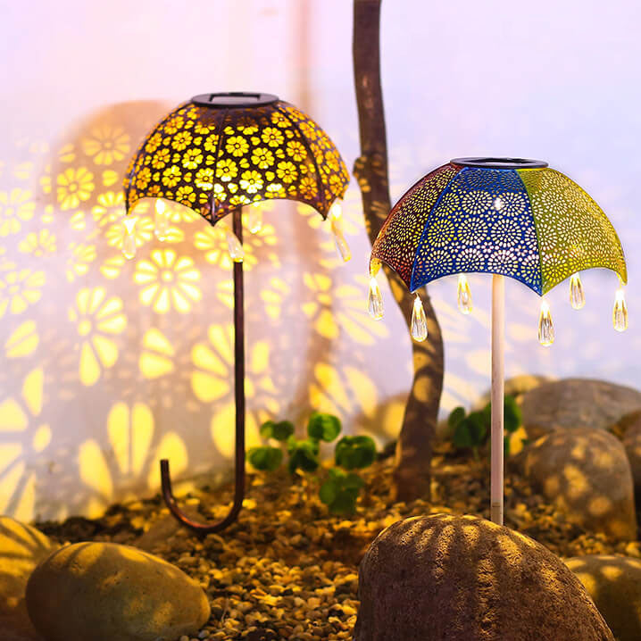Outdoor Solar Eisen Bunte Regenschirm Hohle LED Rasen Einsteck Landschaftslicht 