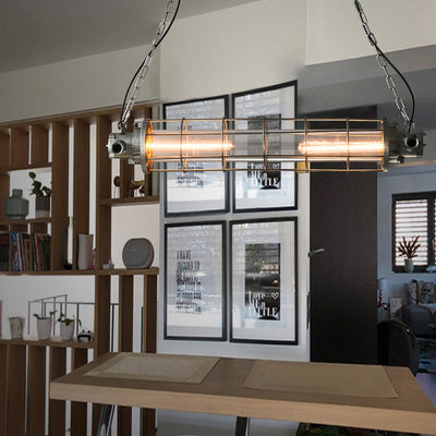 Zeitgenössischer industrieller Zylindergitter-Eisenglas-2-Licht-Insel-Leuchter für Esszimmer 