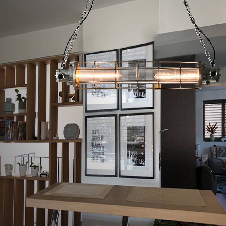 Zeitgenössischer industrieller Zylindergitter-Eisenglas-2-Licht-Insel-Leuchter für Esszimmer 