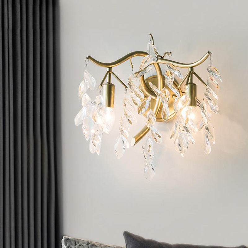 Traditionelle französische Blatt Eisen Kupfer Kristall 2-Licht Wandleuchte Lampe für Wohnzimmer 