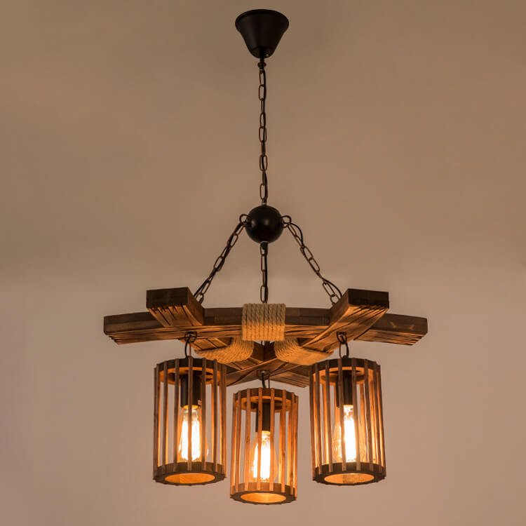 Pantalla de lámpara de jaula de pájaro de madera con cuerda de cáñamo retro, candelabro de 3 luces 