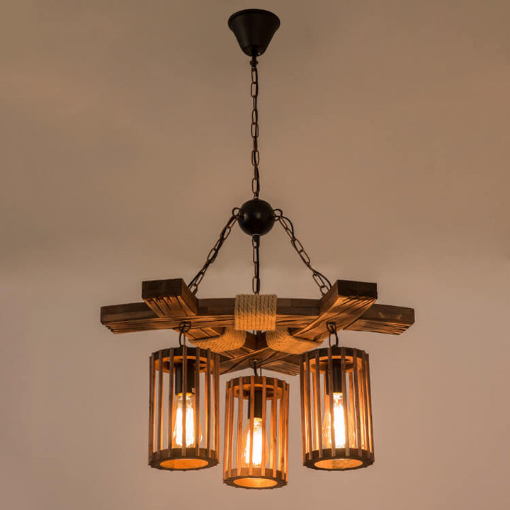 Pantalla de lámpara de jaula de pájaro de madera con cuerda de cáñamo retro, candelabro de 3 luces 