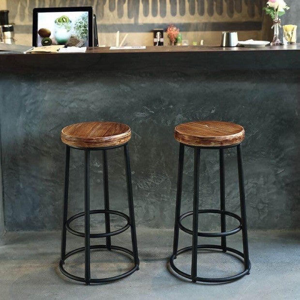 Tabouret de bar sans dossier en bois massif rond industriel contemporain avec cadre en fer et repose-pieds pour salle à manger 