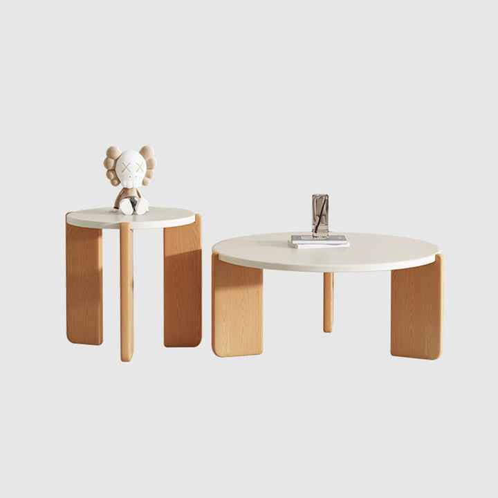 Moderner minimalistischer runder Kaffeetisch aus Faserplatte und Massivholz für das Wohnzimmer 