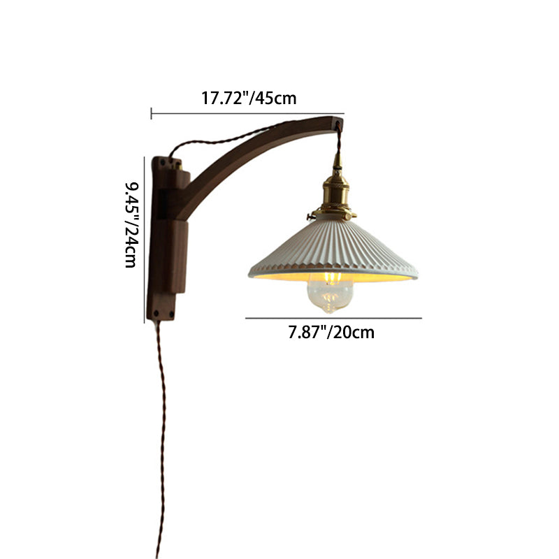 Traditional Japanese Walnut Glass Ceramic Conic Prism 1-Light Wall Sconce Lamp For Bedside